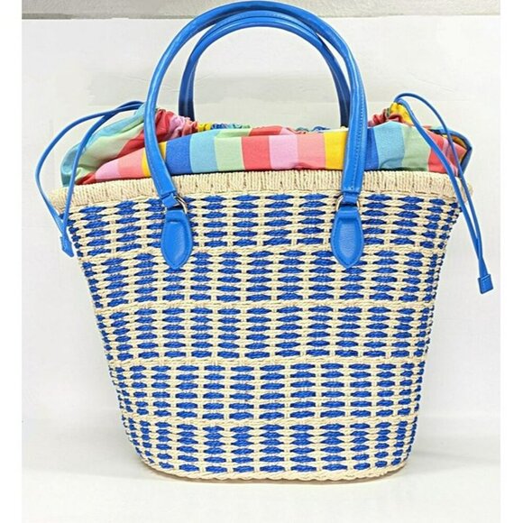 On 34th Isabellaa Women's Straw Medium Drawstring Tote Blue Stripe (MSRP $130) - Picture 3 of 8